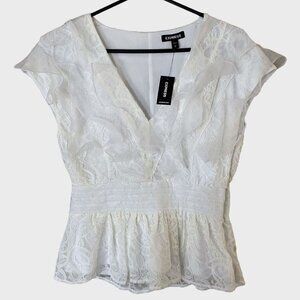 Express Peplum Ruffled Lace V-Neck Blouse White Women's Size Small New